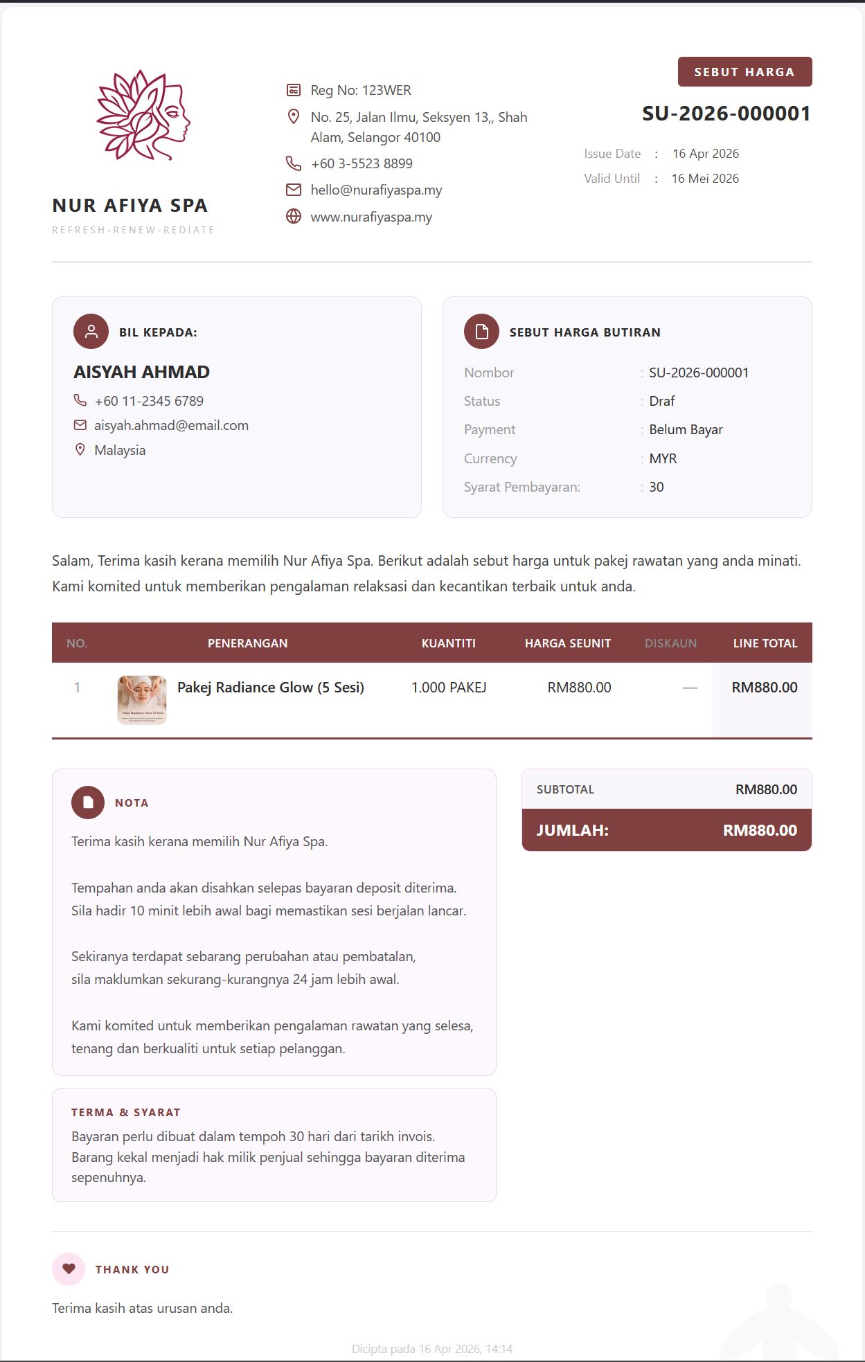 Example quotation document for Premises